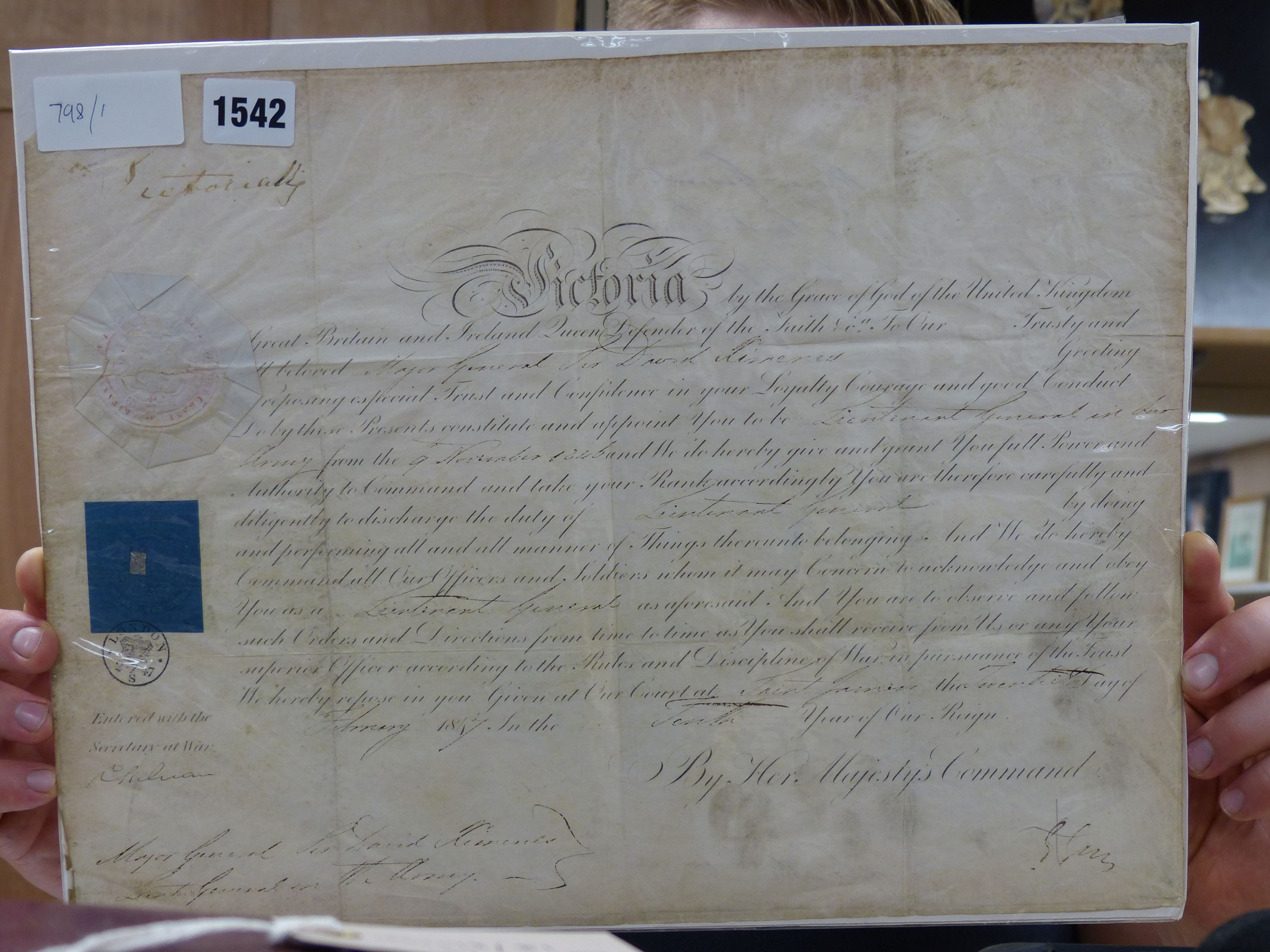 A Victorian document of promotion to Lieutenant General sir David…? Stamped 1847